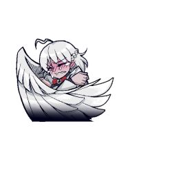 Rule 34 | 1girl, ahoge, blush, bow, braid, closed eyes, closed mouth, crossed arms, crying, helltaker, jewelry, kishin sagume, pendant, short hair, silver hair, single wing, solo, touhou, transparent background, warugaki (sk-ii), wings