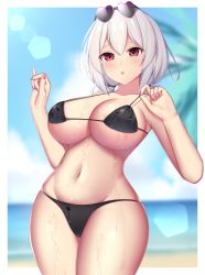 Rule 34 | 1girl, :o, absurdres, azur lane, bare shoulders, beach, bikini, black bikini, blue sky, blurry, blush, breasts, cleavage, cloud, collarbone, commentary, cowboy shot, day, eyewear on head, groin, hair between eyes, heart, heart-shaped eyewear, highres, large breasts, lens flare, looking at viewer, midriff, nail polish, navel, ocean, outdoors, palm leaf, piao mao, pink nails, red eyes, short hair, sidelocks, sirius (azur lane), skindentation, sky, solo, standing, strap pull, sunglasses, sunlight, swimsuit, underboob, w arms, wet, wet clothes, white hair
