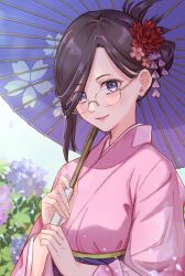 Rule 34 | 1girl, absurdres, alternate costume, black hair, bleach, blue eyes, commentary request, fingernails, floral print, flower, folded ponytail, glasses, hair behind ear, hair flower, hair ornament, highres, holding, holding umbrella, ise nanao, japanese clothes, kimono, long bangs, looking at viewer, oil-paper umbrella, parted bangs, pink kimono, print umbrella, rinner373, short hair, single sidelock, smile, solo, umbrella, wide sleeves