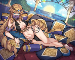 1girl alternate_costume anklet armpits bare_legs bare_shoulders bikini bikini_top_only black_bikini blonde_hair blue_eyes blue_nails bracelet breasts breasts_apart circlet dancer day detached_sleeves drill_hair dutch_angle genshin_impact halterneck hand_on_own_hip highres jewelry large_breasts loincloth long_hair looking_at_viewer low_twintails lying mouth_veil nail_polish navel navia_(genshin_impact) necklace on_side open_mouth pelvic_curtain pillow puffy_short_sleeves puffy_sleeves quad_drills radishkek reclining short_sleeves smile solo stomach swimsuit thighs toenail_polish toenails twintails veil very_long_hair