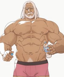 Rule 34 | 1boy, abs, bara, beard, blue eyes, bottle, bulge, dark-skinned male, dark skin, facial hair, grey background, highres, holding, holding bottle, jp (street fighter), large pectorals, long hair, looking to the side, male focus, male underwear, mature male, muscular, muscular male, mustache, navel, navel hair, nipples, old, old man, pectorals, pink male underwear, sa1k0p, solo, street fighter, street fighter 6, thick eyebrows, thick mustache, topless male, underwear, underwear only, water bottle, white hair