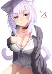 Rule 34 | 1girl, absurdres, animal collar, animal ear fluff, animal ears, black jacket, blue hair, blunt bangs, blush, breasts, buckle, cat ears, cat girl, cat tail, cleavage, closed mouth, collar, collarbone, collared shirt, cowboy shot, hand up, highres, hololive, jacket, long sleeves, looking at viewer, medium breasts, medium hair, messy hair, nekomata okayu, nekomata okayu (oversized shirt), official alternate costume, open clothes, open jacket, purple eyes, shirt, sidelocks, sitting, sleeves past wrists, smile, solo, starkamisan, tail, thighs, virtual youtuber, white background, white shirt