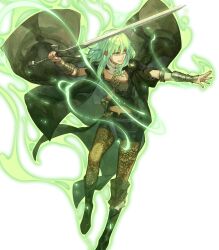 Rule 34 | arm guards, belt, boots, byleth (female) (fire emblem), byleth (fire emblem), cape, clenched teeth, dagger, female focus, fire emblem, fire emblem: three houses, fire emblem heroes, fire emblem warriors: three hopes, full body, green eyes, green hair, hidari (left side), highres, holding, holding sword, holding weapon, knee boots, knife, looking away, matching hair/eyes, midriff, nintendo, non-web source, official art, pantyhose, parted lips, shorts, solo, sword, teeth, transparent background, turtleneck, weapon