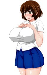 Rule 34 | 1girl, blush, breast suppress, breasts, brown eyes, brown hair, covered erect nipples, embarrassed, female focus, hands resting on breasts, highres, huge breasts, impossible clothes, miniskirt, original, rara 8, school uniform, shiny skin, shirt, short hair, simple background, skirt, solo, standing, sweatdrop, taut clothes, taut shirt, white background
