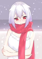 Rule 34 | 1girl, arms under breasts, bad id, bad pixiv id, bare arms, bare shoulders, blush, breasts, commentary request, crossed arms, dress, fang, frilled dress, frills, hair between eyes, highres, medium breasts, open mouth, original, red eyes, red scarf, scarf, silver hair, sleeveless, sleeveless dress, snowing, solo, suzunari arare, upper body, v-shaped eyebrows, white dress, yuki arare