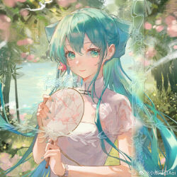 Rule 34 | 1girl, bamboo, china dress, chinese clothes, cleavage cutout, clothing cutout, commission, dress, flower, grass, green eyes, green hair, green nails, hair flower, hair ornament, hands up, hatsune miku, highres, long hair, looking at viewer, official alternate costume, official alternate hairstyle, outdoors, pink flower, shaohua hatsune miku, short sleeves, smile, solo, transparent fan, tuanshan, upper body, very long hair, vocaloid, water, watermark, weibo logo, weibo watermark, white dress, xiao xiong keke aoi