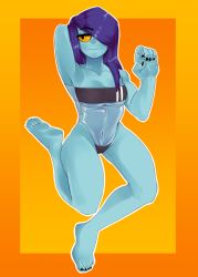 Rule 34 | 1girl, @ @, absurdres, border, breasts, gradient background, gris swimsuit, hair over one eye, highres, medium breasts, meme attire, nail polish, orange background, original, purple hair, see-through, see-through one-piece swimsuit, shiny clothes, solo, swimsuit, tinsay