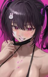 Rule 34 | 1girl, absurdres, bare shoulders, black hair, black mask, blood, blush, breasts, cleavage, commentary, dea (adenim1209), english commentary, grin, hair ornament, heart, heart-shaped pupils, highres, looking at viewer, mask, mask pull, mole, mole under eye, mouth mask, nosebleed, original, pink background, purple eyes, simple background, smile, solo, symbol-shaped pupils, twintails