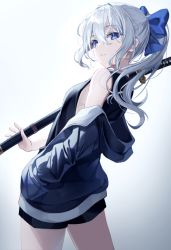 Rule 34 | 1girl, black shirt, blue bow, blue eyes, bow, breasts, expressionless, gradient background, ha en, hair between eyes, hair bow, hand in pocket, hood, hoodie, katana, long hair, long sleeves, looking at viewer, off shoulder, original, ponytail, sheath, sheathed, shirt, shorts, silver hair, simple background, sleeveless, small breasts, solo, sword, weapon, white background