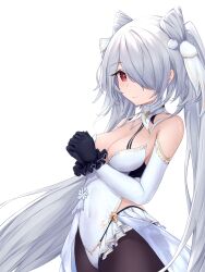 Rule 34 | 1girl, absurdres, azur lane, black gloves, black pantyhose, breasts, closed mouth, commentary, cone hair bun, covered navel, double bun, english commentary, gloves, hair bun, hair over one eye, hands up, highres, kiev (azur lane), kiev (vila of the crystal lake) (azur lane), kyl490, leotard, long hair, looking at viewer, medium breasts, official alternate costume, own hands clasped, own hands together, pantyhose, red eyes, signature, simple background, smile, solo, twintails, upper body, very long hair, white background, white hair, white leotard