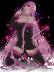 Rule 34 | black dress, black footwear, black sleeves, blindfold, blindfold lift, boots, breasts, cleavage, collar, detached sleeves, dress, fate/grand order, fate/stay night, fate (series), glasses, kneeling, long hair, medusa (fate), medusa (rider) (fate), namahamu (hmhm 81), nameless dagger (fate), purple collar, purple hair, reverse grip, short dress, solo, strapless, strapless dress, thigh boots, thighhighs, very long hair