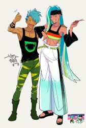 Rule 34 | 1boy, 1girl, belt, black shirt, black tank top, blue hair, cookie run, detached sleeves, dino-sour cookie, full body, green belt, green eyes, green footwear, grin, hand on another&#039;s shoulder, highres, holding, holding scissors, humanization, long eyelashes, pants, reference inset, sandals, scissors, shirt, smile, sour belt cookie, tank top, thumbs up, uochandayo, white pants