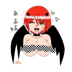Rule 34 | 1girl, ahegao, breasts, cum, devil, lowres, red hair, saliva, solo, wings, yellow eyes