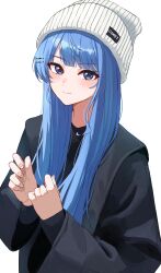 Rule 34 | 1girl, absurdres, alternate costume, beanie, black coat, blue eyes, blue hair, blush, clothes writing, coat, hair over shoulder, hands up, hat, highres, hololive, hoshimachi suisei, light smile, long hair, looking at viewer, simple background, solo, star (symbol), star in eye, symbol in eye, tagosaku (tatsukiuma0329), upper body, virtual youtuber, white background, white hat