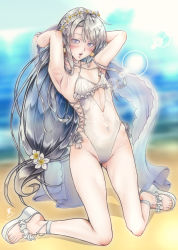 Rule 34 | 1girl, anchor, asymmetrical bangs, beach, breasts, casual one-piece swimsuit, choker, commentary request, flower, frilled one-piece swimsuit, frilled swimsuit, frills, full body, goushougun-sensei, grey hair, hair flower, hair ornament, hairband, highleg, highleg swimsuit, highres, kantai collection, leaning back, lips, long hair, looking at viewer, low-tied long hair, ocean, official alternate costume, one-piece swimsuit, purple eyes, sagiri (kancolle), shawl, side-tie swimsuit, sitting, small breasts, solo, swept bangs, swimsuit, toeless footwear, wariza, white choker, white one-piece swimsuit, white shawl