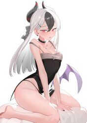 Rule 34 | 1girl, absurdres, black choker, black dress, black hair, black horns, black nails, blue archive, blush, breasts, choker, cleavage, closed mouth, demon horns, dress, ear piercing, grey jacket, hair between eyes, halo, highres, horns, jacket, kayoko (blue archive), kayoko (dress) (blue archive), kururu (qqqqq59508750), long hair, looking at viewer, medium breasts, multicolored hair, official alternate costume, piercing, ponytail, red eyes, simple background, single wing, sitting, solo, studded choker, two-tone hair, wariza, white hair, wings