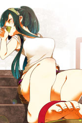 Rule 34 | 1girl, absurdres, at2., black hair, breasts, feet, food, food in mouth, gradient background, highres, long hair, medium breasts, ponytail, popsicle, sandals, sidelocks, sitting, sleeves rolled up, soles, solo, stairs, sweat, toes, touhoku zunko, vocaloid, voiceroid, yellow eyes