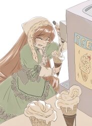 Rule 34 | 1girl, brown hair, closed eyes, commentary, crying, dress, food, green dress, head scarf, highres, ice cream, ice cream cone, kiru (m putorius), long hair, long sleeves, rozen maiden, simple background, sketch, soft serve, solo, suiseiseki, very long hair, white background, you&#039;re doing it wrong