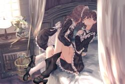 Rule 34 | 2girls, absurdres, apron, bed, bedroom, benevole, black pantyhose, brown hair, bucket, closed eyes, clothes pull, female focus, flower, hand on another&#039;s thigh, high heels, highres, indoors, kiss, lamp, light, lily (flower), long hair, long sleeves, maid, maid headdress, mop, multiple girls, neck ribbon, nightstand, original, pantyhose, pantyhose pull, rainbow, ribbon, shoes, skirt, socks, window, yuri