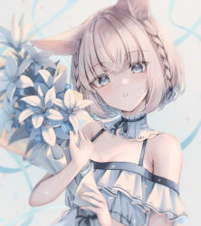 Rule 34 | amane utata, animal ears, blue eyes, blue hair, bouquet, braid, breasts, cat ears, cat girl, collarbone, detached collar, dress, flower, french braid, gradient hair, hair intakes, highres, holding, holding bouquet, holding flower, looking at viewer, multicolored hair, off-shoulder dress, off shoulder, original, parted lips, short hair, small breasts, solo, twin braids, upper body, white dress, white flower, white hair