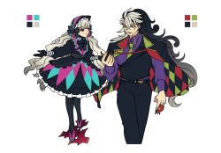 Rule 34 | 1boy, 1girl, alternate costume, alternate hairstyle, ashiya douman (fate), ashiya douman (second ascension) (fate), asymmetrical hair, black dress, black eyes, black hair, bow, bowtie, child, closed eyes, color guide, cropped legs, curly hair, dress, earrings, eyeshadow, fate/grand order, fate (series), fingernails, flat color, floating, floating object, formal, green eyeshadow, green lips, hair between eyes, hair intakes, holding hands, jacket, jewelry, lipstick, long hair, magatama, magatama earrings, makeup, mashugure, multicolored hair, necktie, nursery rhyme (fate), open clothes, open jacket, pantyhose, purple shirt, sharp fingernails, shikigami, shirt, two-tone hair, very long fingernails, very long hair, white background, white hair