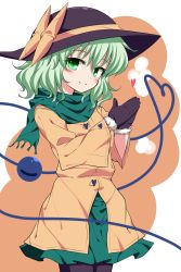 Rule 34 | 1girl, adapted costume, bad id, bad pixiv id, black gloves, black pantyhose, bow, gloves, green eyes, green hair, hat, hat bow, heart, heart of string, highres, isa, komeiji koishi, long sleeves, looking at viewer, matching hair/eyes, pantyhose, scarf, shirt, skirt, smile, solo, third eye, touhou, wide sleeves, winter clothes