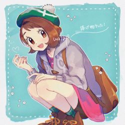 Rule 34 | 1girl, :d, backpack, bag, blush, bob cut, boots, border, brown bag, brown eyes, brown footwear, brown hair, buttons, cardigan, collared dress, commentary request, creatures (company), dress, eyelashes, framed, game freak, gloria (pokemon), green hat, green socks, grey cardigan, hanenbo, hat, heart, highres, hooded cardigan, looking at viewer, nintendo, open mouth, outline, pink dress, plaid, plaid legwear, pokemon, pokemon swsh, short hair, signature, smile, socks, solo, squatting, tam o&#039; shanter, teeth, tongue, white border