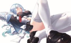 Rule 34 | 1girl, black dress, blue eyes, blue hair, blush, brown footwear, corset, dress, frilled thighhighs, frills, hand up, headband, holding, holding stick, jacket, long hair, long sleeves, lying, mame (hyeon5117), on back, open clothes, open jacket, original, print jacket, shoes, simple background, solo, stick, thighhighs, white background, white headband, white jacket, white thighhighs