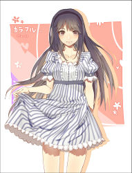 Rule 34 | 1girl, akemi homura, alternate costume, arm at side, bare legs, beige background, black border, black eyes, black hair, black hairband, blue dress, blush, border, breasts, closed mouth, collarbone, cowboy shot, dress, eyelashes, eyes visible through hair, fingernails, floating hair, floral background, flower, flower in eye, frilled dress, frilled sleeves, frills, hair between eyes, hairband, heart, heart background, highres, kurio19980321, lips, long hair, looking at viewer, mahou shoujo madoka magica, mahou shoujo madoka magica (anime), medium breasts, outline, pink background, puffy short sleeves, puffy sleeves, purple background, shadow, shiny skin, short dress, short sleeves, simple background, skirt hold, smile, solo, standing, straight hair, striped background, striped clothes, striped dress, symbol in eye, thighs, white background, white flower, white outline