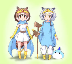 Rule 34 | 10s, 2girls, alternate costume, boots, brown eyes, brown hair, cape, circlet, cosplay, dragon quest, dragon quest iii, dress, elbow gloves, eurasian eagle owl (kemono friends), gloves, hair between eyes, head wings, kemono friends, multicolored hair, multiple girls, northern white-faced owl (kemono friends), pxton, sage (dq3), sage (dq3) (cosplay), short hair, slime (creature), staff, tail, white hair, wings