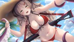Rule 34 | 1girl, absurdres, animal, bikini, blue archive, breasts, brown eyes, brown hair, cleavage, from below, front-tie bikini top, front-tie top, gluteal fold, groin, gun, hair ornament, hairclip, hat, highres, izumi (blue archive), large breasts, long hair, looking at viewer, lowleg, lowleg bikini, navel, o-ring, o-ring top, octopus, open mouth, palm tree, red bikini, rifle, side-tie bikini bottom, sky, smile, straw hat, swimsuit, tousaki (tousakiworks), tree, weapon