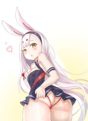 Rule 34 | 1girl, animal ears, ass, azur lane, backless panties, black dress, blush, breasts, brown eyes, rabbit ears, cleavage, dress, dress tug, from behind, hairband, highres, long hair, looking back, open mouth, panties, partially visible vulva, red panties, shimakaze (azur lane), short dress, silver hair, simple background, small breasts, solo, strapless, strapless dress, thighs, underboob, underwear, white background