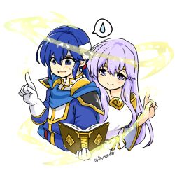 Rule 34 | 1boy, 1girl, blue eyes, blue hair, book, brother and sister, circlet, dress, fire emblem, fire emblem: genealogy of the holy war, gloves, headband, holding, holding book, jewelry, julia (fire emblem), long hair, magic, nintendo, open mouth, ponytail, purple eyes, purple hair, seliph (fire emblem), siblings, smile, white headband, yukia (firstaid0)