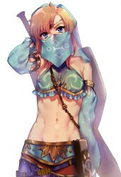 Rule 34 | 1boy, absurdres, bad id, bad pixiv id, bare shoulders, blonde hair, blue eyes, covered mouth, cowboy shot, crossdressing, detached sleeves, earrings, artistic error, gerudo set (zelda), highres, huge weapon, jewelry, link, looking at viewer, male focus, maruchi, midriff, mouth veil, navel, nintendo, official alternate costume, pointy ears, solo, stomach, the legend of zelda, the legend of zelda: breath of the wild, toned, trap, veil, weapon, weapon on back