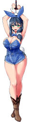 Rule 34 | 1girl, absurdres, animal ears, arms up, bdsm, blue hair, blush, bondage, bound, breasts, bright pupils, cleavage, commentary request, cowboy shot, dark blue hair, denim, denim leotard, detached collar, earrings, embarrassed, fake animal ears, fake tail, green eyes, hair ornament, hair over shoulder, hair scrunchie, highres, huge breasts, jewelry, mole, mole under eye, nekoguchi, open mouth, original, paid reward available, rabbit ears, rabbit tail, scrunchie, simple background, solo, stud earrings, tail, thick thighs, thighs, white background, white pupils, white scrunchie, wrist cuffs