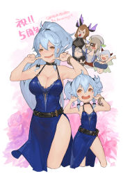 Rule 34 | 5girls, :d, aged down, anniversary, bare shoulders, belt, blood, blue dress, blue hair, blush, bracelet, braid, breasts, brown eyes, brown hair, camera, character request, cleavage, commentary request, cowboy shot, cropped legs, dress, granblue fantasy, hair between eyes, hands up, hat, head wings, highres, horns, jewelry, large breasts, long hair, multiple girls, n9+, nosebleed, open mouth, pointing, pointing at self, ponytail, round teeth, side slit, silva (gentian blue) (granblue fantasy), silva (granblue fantasy), sleeveless, sleeveless dress, smile, teeth, time paradox, tweyen (granblue fantasy), twin braids, twintails, wings
