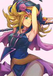 Rule 34 | 1girl, aosora2823, armpits, arms up, blonde hair, blue leotard, breasts, bridal gauntlets, capelet, closed mouth, collarbone, dark magician girl, floating hair, green eyes, helmet, highres, holding, holding staff, leotard, long hair, looking at viewer, medium breasts, pink capelet, smile, solo, staff, yu-gi-oh!, yu-gi-oh! duel monsters