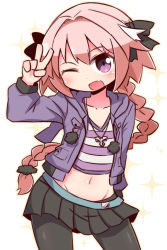 Rule 34 | 1boy, astolfo (fate), astolfo (memories at trifas) (fate), black bow, black pantyhose, black skirt, blush, bow, braid, collarbone, cowboy shot, crop top, crossdressing, eyelashes, fang, fate/apocrypha, fate (series), groin, hair between eyes, hair bow, hair intakes, hand up, highres, jacket, jewelry, legs apart, long hair, long sleeves, male focus, miniskirt, multicolored hair, naga u, navel, necklace, no nose, official alternate costume, open clothes, open jacket, pantyhose, pink hair, pleated skirt, purple eyes, purple jacket, shirt, simple background, single braid, skirt, solo, sparkle, stomach, streaked hair, striped clothes, striped shirt, trap, two-tone hair, v, v-neck, white background, white hair