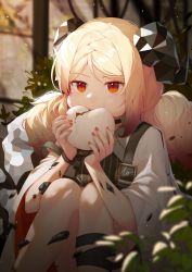 Rule 34 | 1girl, absurdres, arknights, baozi, blonde hair, blurry, blush, depth of field, dokgo die docta (d o t), eating, food, highres, holding, holding food, horns, ifrit (arknights), indoors, knees up, long hair, low twintails, material growth, nail polish, orange nails, oripathy lesion (arknights), parted bangs, red eyes, short sleeves, sitting, solo, twintails, wide sleeves