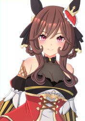 Rule 34 | 1girl, 2-butani, absurdres, breasts, brown hair, cleavage, closed mouth, collarbone, commentary request, detached sleeves, gentildonna (umamusume), hair between eyes, hair ornament, hair rings, highres, horse girl, large breasts, looking at viewer, portrait, red eyes, simple background, smile, solo, umamusume, white background