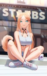 Rule 34 | 1girl, absurdres, animal ears, bare arms, bare legs, bare shoulders, between legs, black choker, blonde hair, blue eyes, blurry, blurry background, breasts, choker, closed mouth, extra ears, full body, gudanco (nyanmeowzer), hand between legs, highres, indian style, juice box, large breasts, long hair, looking at viewer, midriff, navel, o-ring, o-ring choker, original, outdoors, parted bangs, shoes, short shorts, shorts, sitting, smile, solo, sports bra, tail, thick eyebrows, twitter username, v arms, very long hair, white footwear, white sports bra