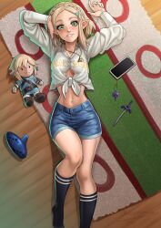 Rule 34 | 1girl, blonde hair, braid, breasts, carpet, casual, cellphone, cellphone charm, character doll, charm (object), clothes writing, commentary request, contemporary, dated, denim, denim shorts, green eyes, grin, hair ornament, hairclip, hand in own hair, highres, jewelry, kneehighs, link, long sleeves, looking at viewer, lying, medium breasts, navel, necklace, nicomamu, nintendo, on back, parted bangs, phone, pointy ears, princess zelda, shirt, shorts, signature, smile, socks, solo, spanish commentary, the legend of zelda, the legend of zelda: tears of the kingdom, tied shirt, toy, toy sword, wooden floor