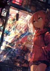 Rule 34 | 1girl, absurdres, alternate costume, bag, brown hair, closed mouth, commentary, folded ponytail, hands in pockets, highres, hood, hoodie, inazuma (kancolle), kaamin (mariarose753), kantai collection, looking away, reflection, shorts, window, yellow eyes
