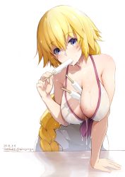 Rule 34 | 1girl, 2018, arm support, between breasts, blonde hair, blue eyes, blush, braid, breasts, cleavage, cosplay, dated, dress, dress swimsuit, fate/apocrypha, fate/grand order, fate (series), food, food between breasts, food in mouth, jeanne d&#039;arc (fate), jeanne d&#039;arc (ruler) (fate), large breasts, leaning forward, long braid, long hair, looking at viewer, mash kyrielight, mash kyrielight (cosplay), mash kyrielight (swimsuit of perpetual summer), melting, messy, mine (wizard), official alternate costume, one-piece swimsuit, popsicle, revision, simple background, single braid, sleeveless, sleeveless dress, solo, sparkle, swimsuit, twitter username, very long hair, wet, white background, white one-piece swimsuit
