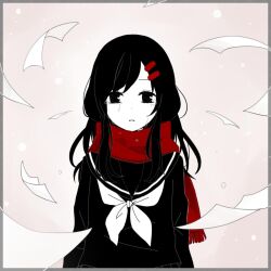 Rule 34 | 1girl, arms at sides, black eyes, black hair, black sailor collar, black serafuku, border, commentary, crying, crying with eyes open, dot nose, empty eyes, enpera, fringe trim, gradient background, grey border, hair ornament, hairclip, highres, kagerou project, long hair, long sleeves, looking at viewer, mekakucity actors, neckerchief, paper, parted lips, red scarf, sailor collar, sakurasou, scarf, school uniform, serafuku, solo, spot color, swept bangs, tateyama ayano, tears, toumei answer (vocaloid), upper body, vocaloid, white neckerchief