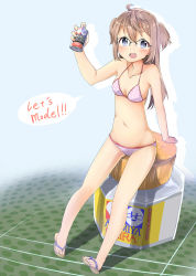 Rule 34 | 1girl, absurdres, ahoge, amemiya sekira, arm support, arm up, bikini, blue eyes, blush, bottle, breasts, brown hair, character name, collarbone, english text, full body, glasses, groin, highres, long hair, looking at viewer, navel, open mouth, original, oversized object, polka dot, polka dot bikini, purple bikini, sandals, sekira ame, sitting, small breasts, smile, solo, speech bubble, spray can, standing, stomach, swimsuit, twintails, two side up