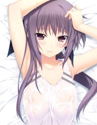 Rule 34 | 1girl, armpits, arms up, blush, breasts, covered erect nipples, highres, iizuki tasuku, inubousaki aya, lips, looking at viewer, lovely x cation, non-web source, ponytail, purple eyes, purple hair, scan, see-through, small breasts, solo, sweat, tank top, upper body