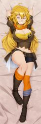 Rule 34 | 1girl, absurdres, ahoge, bed, bike shorts, blonde hair, boots, breasts, cleavage, curvy, dakimakura (medium), highres, incredibly absurdres, jacket, large breasts, legs, long hair, looking at viewer, lying, midriff, on back, purple eyes, ravenravenraven, rwby, scarf, seductive smile, short sleeves, smile, solo, thighs, yang xiao long