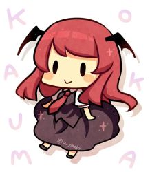 Rule 34 | 1girl, :&gt;, bat wings, blush stickers, character name, chibi, collared shirt, commentary request, cross, full body, head wings, koakuma, long hair, looking at viewer, necktie, no nose, puffy short sleeves, puffy sleeves, red necktie, shirt, shoes, short sleeves, sidelocks, simple background, skirt, skirt set, smile, solid oval eyes, solo, touhou, twitter username, vest, white background, white shirt, wings, yadoyuki
