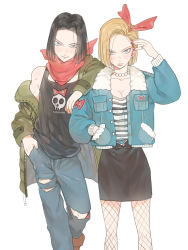 Rule 34 | 1boy, 1girl, alternate costume, android 17, android 18, arm support, black hair, black skirt, black tank top, blonde hair, blue eyes, boots, breasts, brother and sister, brown footwear, buttons, cleavage, closed mouth, clothes writing, collarbone, commentary request, denim, dragon ball, dragonball z, earrings, expressionless, eyes visible through hair, fashion, feet out of frame, fingernails, fishnet legwear, fishnets, fur-trimmed jacket, fur trim, green jacket, hair ribbon, hand in own hair, hand in pocket, jacket, jeans, jewelry, light smile, looking at viewer, medium breasts, nail polish, neckerchief, necklace, open clothes, open jacket, pants, pearl necklace, red nails, red neckerchief, red ribbon, red ribbon army, removing jacket, ribbon, ring, shamko, shirt, short hair, siblings, simple background, skirt, skull, skull print, smile, standing, straight hair, streetwear, striped clothes, striped shirt, tank top, torn clothes, torn jeans, torn pants, twins, v-shaped eyebrows, white background
